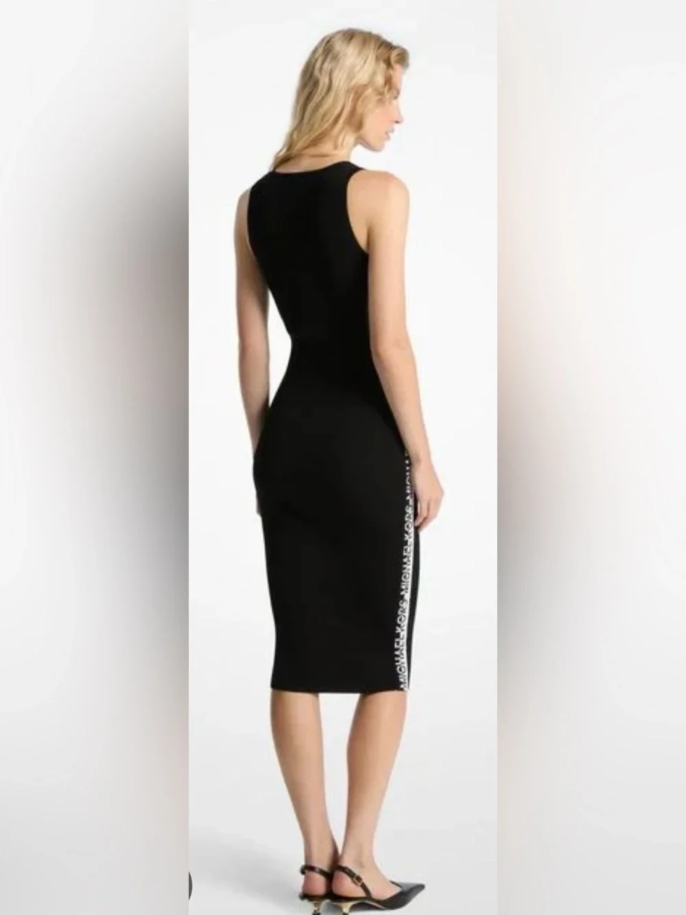 Michael Kors Black Ribbed Sleeveless Bodycon Dress with Logo Side Stripe